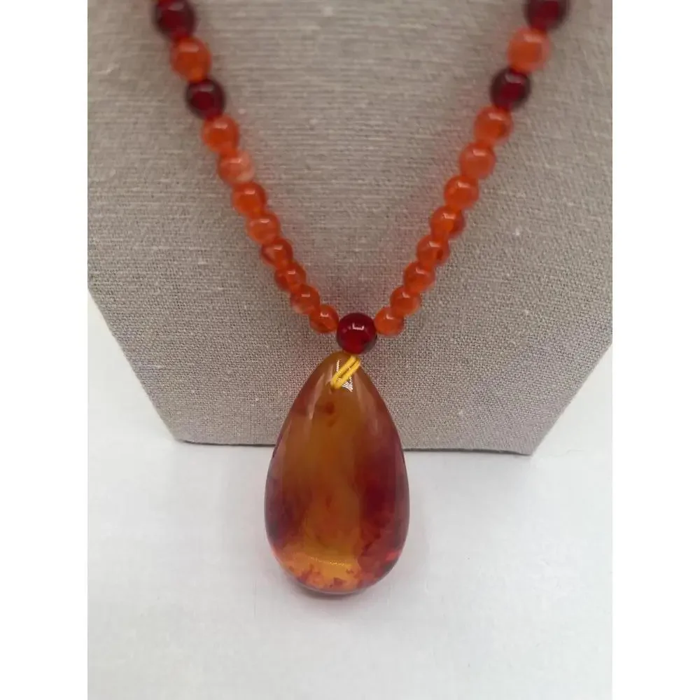 Orange Beaded Necklace with Amber Teardrop Pendant - Picture 2 of 6